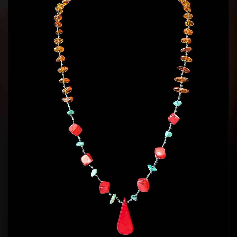 Vintage Baltic Amber Turquoise Coral Lavaliere Necklace